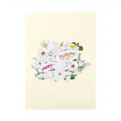 Bunch of Peony Blossoms Pop-up cards Bunch of Peony Blossoms Pop Up Card is meticulously designed, harmoniously combining the white of flowers and green of leaves, creating a feeling of freshness and lightness. A light vanilla glitter card, in the middle is a bunch of white peonies and 2 small cards “Happy”, “Birthday”. When the card is opened, a lovely bouquet of peony flowers will appear in front of the eyes, bringing love, luck and prosperity to the recipient. We also leave spaces on the card so you can add a message. Inspiration of Bunch of Peony Blossoms Pop Up Card Bunch of Peony Blossoms Pop Up Card was created as a tribute to the shyness symbolized by pure white peony blooms.Timeless, subtly elegant, and undoubtedly sophisticated, the white peony evokes a reserved sort of appeal. That's why we designed a whole bunch of white peonies in full bloom on the pop up card. Surprisingly, the white peony is also associated with sentiments of guilt and shyness. Giving a white peony card is one method to express regret for any wrongdoing you may have caused and to seek forgiveness while also showing that you genuinely recognize your mistake. This is a heartfelt apology that is well-considered, truly meaningful, and sincere. Occasions for Peony Blossoms Pop Up Card Charmpop suggests some occasions for you to give Peony Blossoms Pop Up Card: Peonies represent romance, happiness and good luck, so they can be used for many anniversaries such as weddings, friendship, important first dates, the birth of a baby ,... Quantity: One CharmPop Card comes with one envelope and one clear plastic bag. Size: 5×7 ( inch) Colors: custom color Wholesales Price: contact