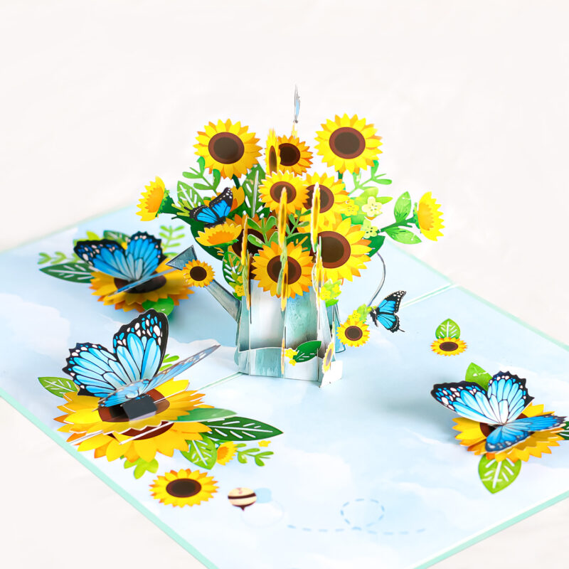 Watering can sunflower bouquet pop up card-pop up flower bouquet card